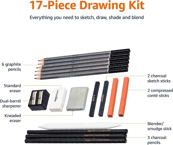 Amazon Basics Sketch and Drawing Art Pencil Kit, 17 Piece Set, Charcoal, Black, White - Image 3