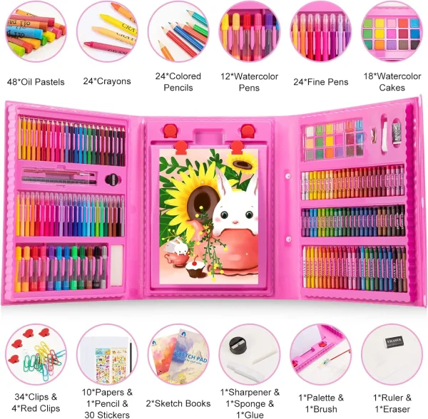 VigorFun Art Supplies, 240-Piece Drawing Art Kit, Gifts for Girls Boys Teens, Art Set Crafts Case with Double Sided Trifold Easel, Includes Sketch Pads, Oil Pastels, Crayons, Colored Pencils (Pink) Cyan - Image 3