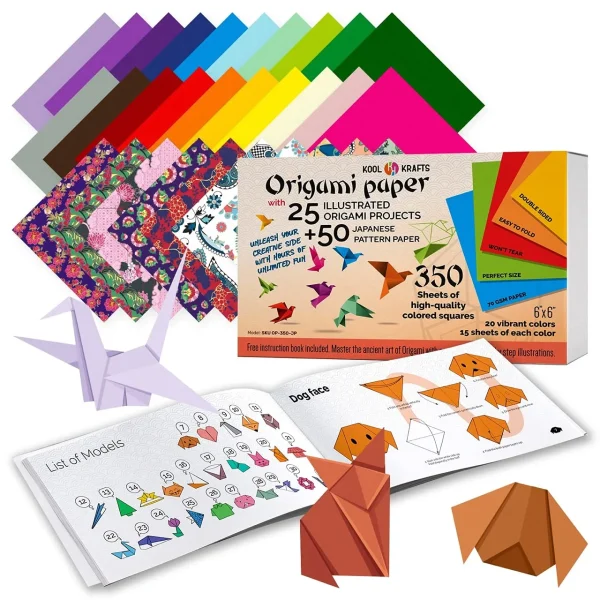 Origami Paper | 350 Origami Paper Kit | Set Includes 300 Sheets 20 Colors 6×6 | 50 Traditional Japanese Patterns | Origami Book 25 Easy Colored Projects | Kids Crafts | Christmas Gifts for boys 8-12 100 Pack